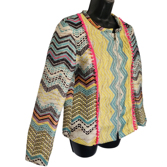 Molly Bracken Boho Aztec Print with Pom Poms Jacket Size Medium - Picture 7 of 16